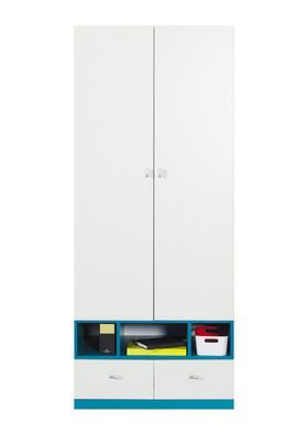 Jugendzimmer - Drehtürenschrank / Kleiderschrank "Geel" 02, Weiß / Türkis - Abme