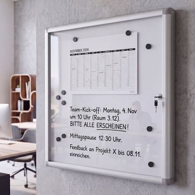 Schaukasten HWC-Q51, Whiteboard Aluminium abschließbar inkl. Zubehör 65x68x7cm