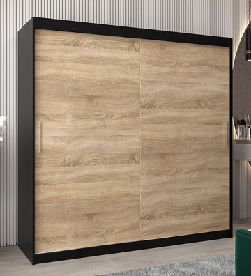 Schiebetürenschrank / Kleiderschrank Bisaurin 5A, Farbe: Schwarz / Eiche Sonoma