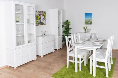 Elegantes Esszimmer Komplett - Set B Junco, 9-teilig, in Weiß, Kiefernholz, Mass