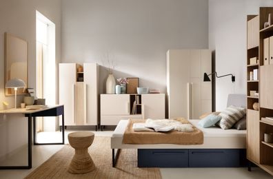 Schlafzimmer Komplett - Set B Authie, 6-teilig, Beige / Eiche hell / Dunkelblau,