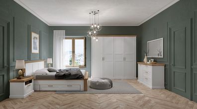 Schlafzimmer Komplett - Set G Lotofaga, 8-teilig, Farbe: Weiß / Walnuss