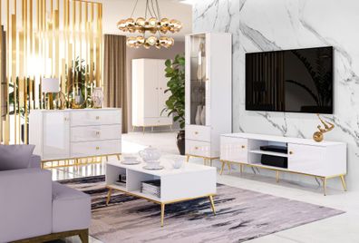 Wohnzimmer Komplett - Set B Roanoke, 5-teilig, Farbe: Weiß / Weiß Glanz