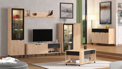 Modernes Wohnzimmer Komplett - Set B Zvesdara, 6-teilig, in Eiche Artisan / Schw