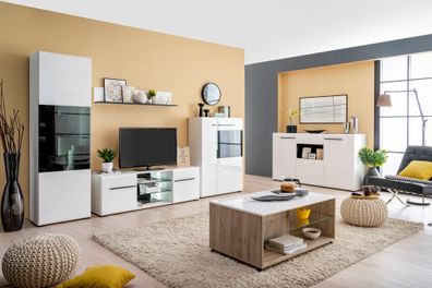 Wohnzimmer Komplett - Set C Idos, Farbe: Weiß / Weiß Hochglanz / Eiche Grau / Sc