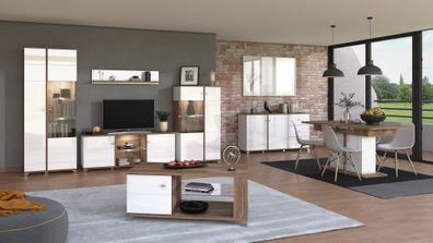 Wohnzimmer Komplett - Set B Kanjiza, 7-teilig, Farbe: Eiche Flagstaff / Weiß / W