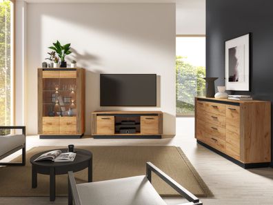 Modernes Wohnzimmer - Set A Dagali, 3-teilig, Farbe: Eiche / Schwarz, ABS-Kanten