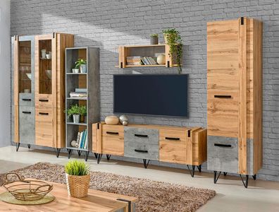 Wohnzimmer Komplett - Set A Atule, 6-teilig, Farbe: Eiche / Grau
