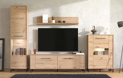 Wohnwand | getöntes Glas | Farbe: Eiche Artisan | 2 Vitrinen | 1 TV-Unterschrank