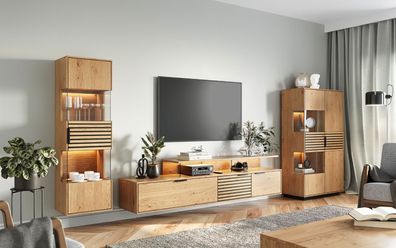 Wohnzimmer Komplett - Set B Rania, 3-teilig, in Eiche / Schwarz, geöltes Massivh