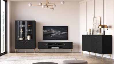 Wohnzimmer - Set A Luzan, 3-teilig, in Schwarz matt, Soft Close System, gefräste