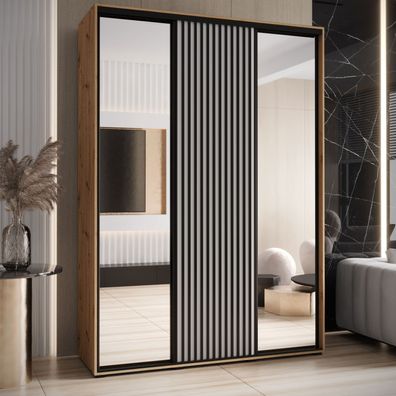 Schiebetürenschrank Mina mit Spiegel in Weiß/Eiche, 235,2 x 170 x 60 cm, auch fü