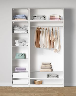Offener Kleiderschrank | 2 Kleiderstangen | Farbe: Weiß | 8 Fächer | 2 Innenschu