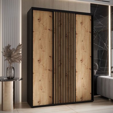 Schiebetürenschrank Tharo in Schwarz/Eiche, auch für Wohnzimmer geeignet, Anti S