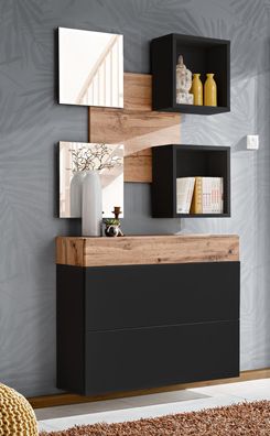Garderobe Komplett - Set E Pollestad, 2-teilig, Farbe: Eiche Wotan / Schwarz, zw