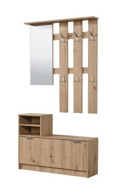 Garderobe mit Schuhschrank Banevo 01, Farbe: Eiche Artisan, Spiegel, sechs Haken