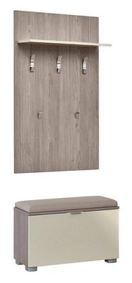 Garderobe mit Sitzbank Sabadell 04, Farbe: Eiche / Beige Hochglanz - 209 x 80 x
