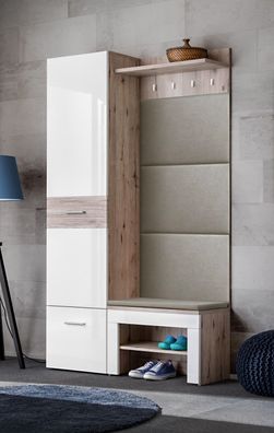 Garderobe Komplett - Set E Sviland, 3-teilig, Farbe: Wellington / Weiß, ein Gard