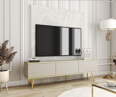 TV-Möbel / TV-Schrank mit drei Kipptüren Horsham 43, Farbe: Beige, geriffelte Fr