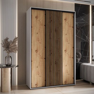 Schiebetürenschrank Mina in Weiß/Eiche, Metallgriffe in schwarz, Front aus lamin