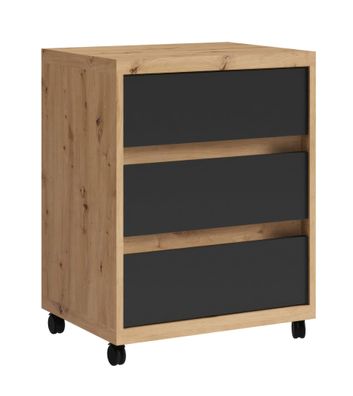 Robuster Rollcontainer mit drei Schubladen "Merosina" 08, Mattschwarz / Eiche Ar