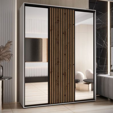 Schiebetürenschrank mit Spiegeln Mina, in Weiß/Eiche, Metallgriffe in schwarz ge