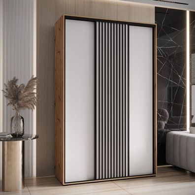 Schiebetürenschrank Mina in Weiß/Eiche, 235,2 x 150 x 60 cm, Metallgriffe in sch