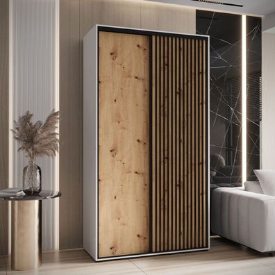 Schiebetürenschrank Mina in Weiß/Eiche, 235,2 x 140 x 60 cm, Metallgriffe in sch