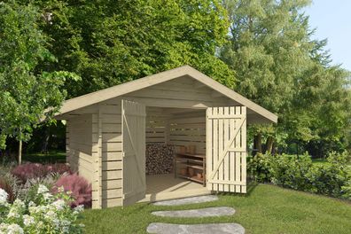 Holzschuppen / Gerätehaus mit Lüftungslücken zwischen Wandbrettern, aus Kiefernh