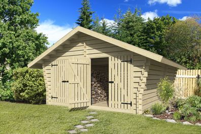 Holzschuppen / Gerätehaus mit zwei Doppeltüren, inkl. Fußboden, aus Kiefernholz