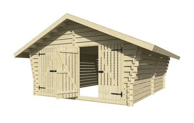 Holzschuppen / Gerätehaus mit zwei Doppeltüren, aus Kiefernholz gehobelt, Sattel