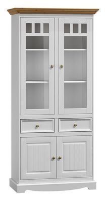 Vitrine Gyronde 15, Kiefer massiv Vollholz, Farbe: Weiß / Eiche - 190 x 90 x 45