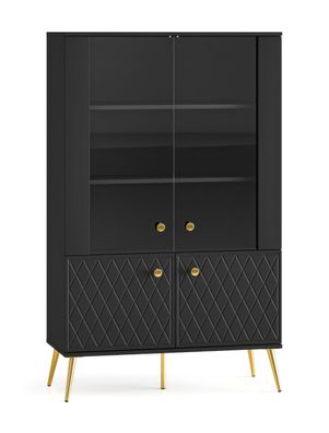 Vitrine Luzan 02 in Schwarz matt, 149 x 92 x 40 cm, mit 4 Türen und 4 Fächern, S