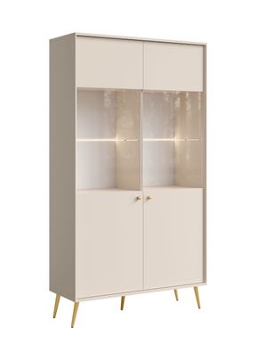 Vitrine | zwei Glaseinlegeböden | Farbe: Beige | 10 Fächer | Griffe & Beine: Gol