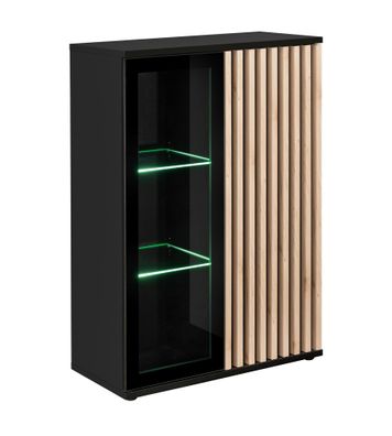 Kleine Vitrine mit zwei Türen Romfo 02, Farbe: Schwarz, inkl. Grüner LED-Beleuch