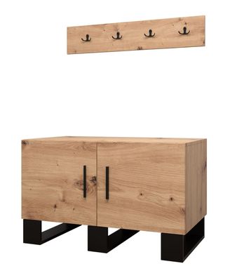 Schuhschrank mit Garderobe Morteratsch 04, Farbe: Eiche / Schwarz - Abmessungen: