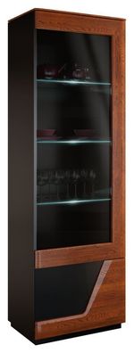 Vitrine mit Türanschlag rechts "Medulin" 23, Farbe: Walnuss / Schwarz, teilmassi