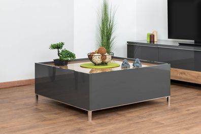 Couchtisch Vaitele 29, Farbe: Anthrazit Hochglanz / Walnuss - 90 x 90 x 37 cm (B