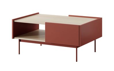 Moderner Couchtisch Cascob 04, 97 x 65 x 45 cm, Keramikrot / Eiche, mit 2 Schubl