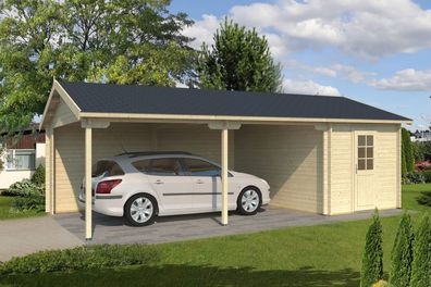Carport Lärchwand - 70 mm Blockbohlen, Grundfläche: 32,3 m², Satteldach