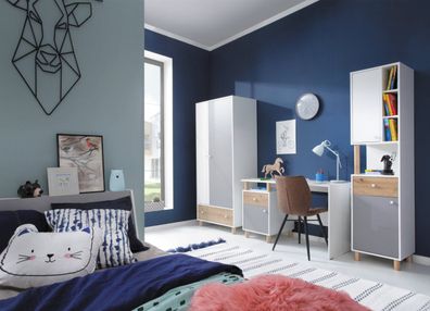 Jugendzimmer Kinderzimmer Komplett - Set F Burdinne, 4-teilig, Farbe: Weiß / Eic