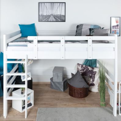 Hochbett 160 x 190 cm "Easy Premium Line" K23/n, Buche Massivholz weiß lackiert,