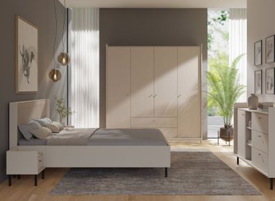 Schlafzimmer Komplett Set | 5-teilig | Farbe: Beige mit Holzwerkstoff | 4-türige