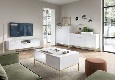 Wohnzimmer Komplett - Set H Worthing, 4-teilig, Farbe: Weiß / Gold