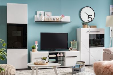 Wohnzimmer - Set A Idos, 4-teilig, Farbe: Weiß / Weiß Hochglanz / Schwarz, zwei