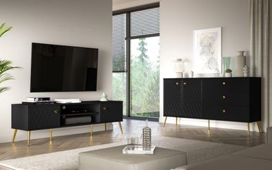 Wohnzimmer - Set D Luzan, 2-teilig, in Schwarz matt, Soft Close System, gefräste