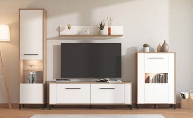 Wohnwand | 2 Vitrinen | Farbe: Eiche Artisan / Opak Weiß | 1 TV-Unterschrank | 1