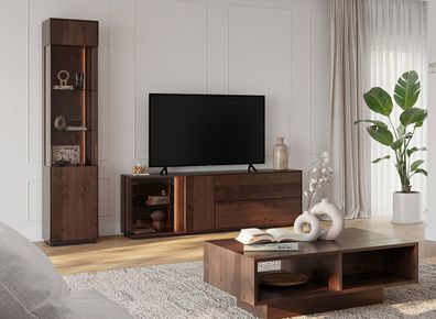 Wohnzimmer Komplett - Set C Sienne, 3-teilig, Massivholz Wildeiche, in Tabacco g