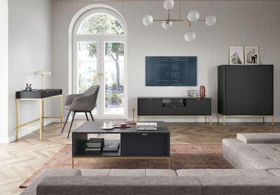 Wohnzimmer Komplett - Set N Worthing, 4-teilig, Farbe: Schwarz / Gold