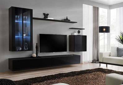 Wohnwand Balestrand 178, Farbe: Schwarz - Abmessungen: 160 x 270 x 40 cm (H x B
